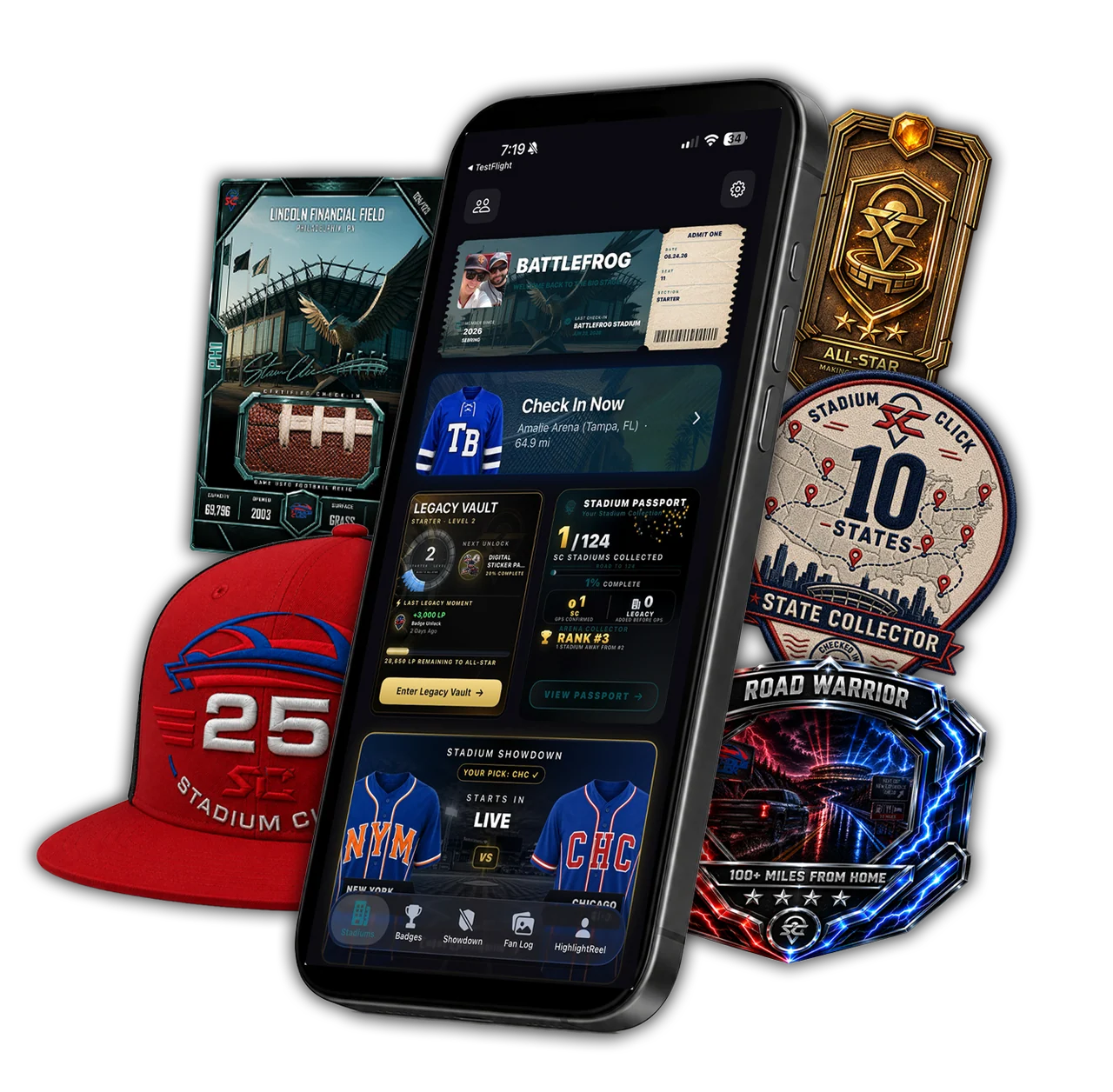 Stadium Click app on a phone, surrounded by collectible cards and badges